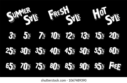 Fresh sale, Hot sale, Summer sale. Inscription on poster with discount coupons. 3, 5, 7, 15, 40, 50, 80 percent. Store promotion