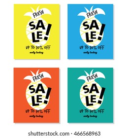 Fresh Sale poster set with pineapple on the background. Sale banner retro design for newsletter, email, social media, poster, web, sticker. Vector illustration. 