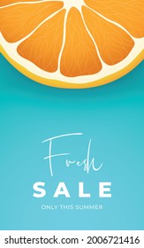 Fresh Sale vertical banner. Orange slice on blue background. Fresh Citrus Orange cutaway. Design template for banner, social media, card etc.