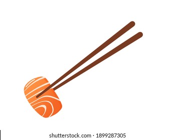 Fresh Salmon With Chopsticks Icon Isolated On White Background Vector Illustration. Cute Cartoon Food.