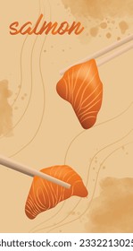 Fresh salmon with chopsticks on graphic background vector illustration