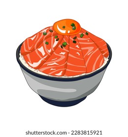 fresh salmon and egg york with rice. Salmon Sashimi Doniburi, Zuke Doniburi vector drawing on white background, salmon slice, Japanese popular food, Asian menu, home made meal. Anime food illustration
