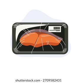 filete de salmón fresco envasado en una bandeja de plástico con envoltura y código de barras,