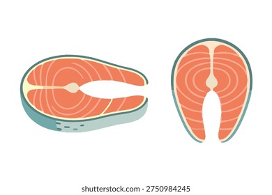 Fresh Salmon Fillet Set, Raw Seafood Portions Clipart, Nutritious Salmon Meat Vector