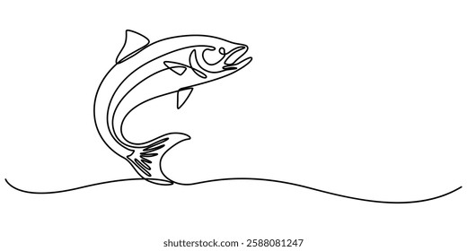 Fresh salmon fish in continuous line art drawing isolated on white background. Fresh food concept, Monoline Fishing Symbol, One Line Tuna Silhouette, Salmon Sign, Fish Endless Shape, pro Vector.  