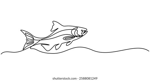 Fresh salmon fish in continuous line art drawing isolated on white background. Fresh food concept, Monoline Fishing Symbol, One Line Tuna Silhouette, Salmon Sign, Fish Endless Shape, pro Vector.  