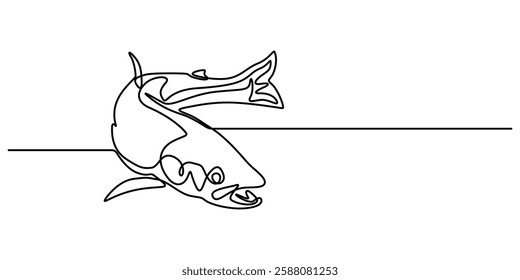 Fresh salmon fish in continuous line art drawing isolated on white background. Fresh food concept, Monoline Fishing Symbol, One Line Tuna Silhouette, Salmon Sign, Fish Endless Shape, pro Vector.  