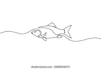 Fresh salmon fish in continuous line art drawing style, Rudd, roach fish, perch, carp, crucian carp continuous line drawing. One line art of freshwater fish, seafood.