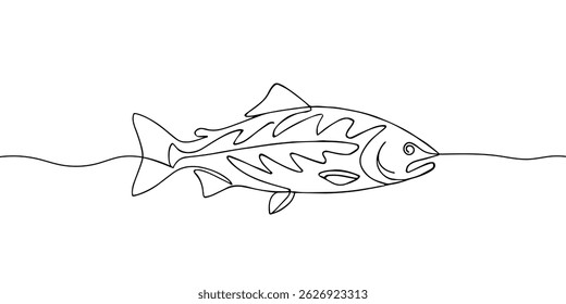 Fresh salmon fish in continuous line art drawing style isolated on white background. Fresh food concept vector illustration.