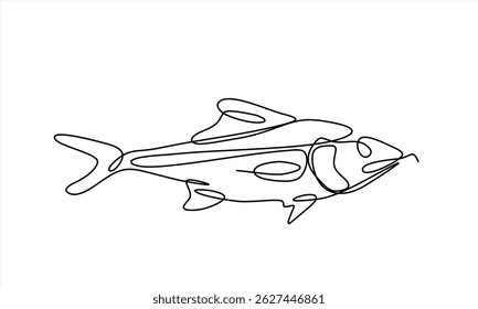 Fresh salmon fish in continuous line art drawing isolated on white background. Fresh food concept. Editable stroke