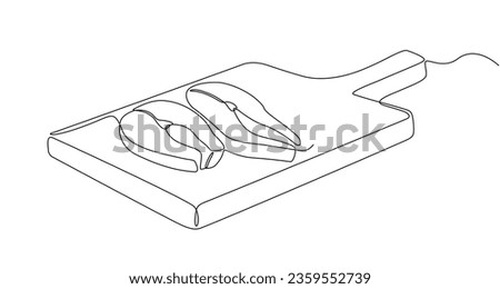 Fresh salmon fish in continuous line art drawing style. Concept of salmon fish cutlets on a cutting board in doodle style on a white background. Vector illustration