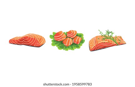 Fresh Salmon Fish Fillet and Slabs on Green Lettuce Lesf as Seafood Product Vector Set