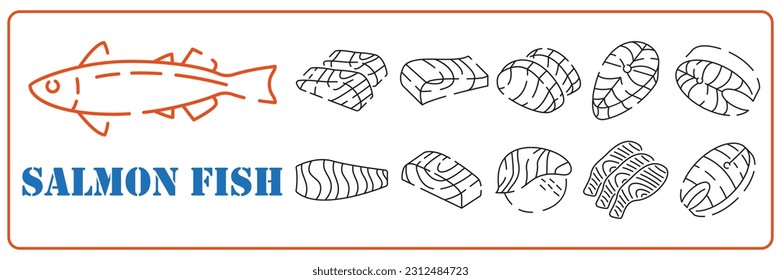 Fresh salmon fish line icon set in thin line style. Fish and white meat restaurant vector