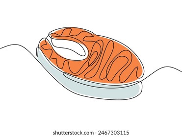 Corte de pescado de salmón fresco en estilo de dibujo de arte de línea continua aislado sobre fondo blanco. Ilustración vectorial de concepto de comida fresca.