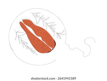 Fresh salmon fish slice in continuous line art drawing style isolated on white background. Fresh food concept vector illustration. Hand made vector not Al.
