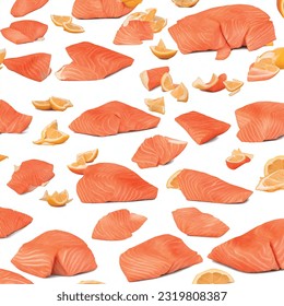 Fresh salmon with lemon vector graphics realistic background food pattern