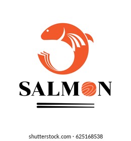 fresh salmon meat logo with orange fish jump and chopsticks illustration minimal look