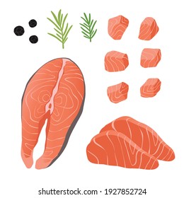 fresh salmon piece cube steak with black peppercorn and rosemary isolated on white background vector illustration