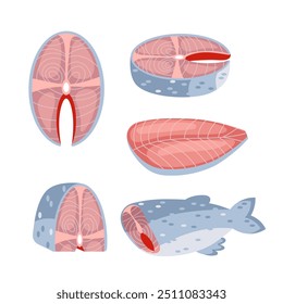 Fresh salmon slices on white background for healthy meals at home or dining out. Get raw seafood from market for tasty dinner or lunch