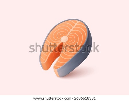 Fresh salmon steak in 3D minimal pastel style. 3D Vector Web Illustration.