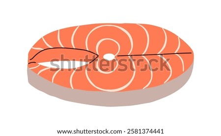 Fresh salmon steak slice. Cut piece, red-fleshed fish for cooking. Raw seafood. Trout, cross-section, healthy fat and protein eating. Flat graphic vector illustration isolated on white background
