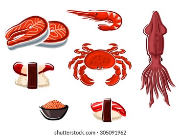 Fresh salmon steaks, crab, squid, shrimp and cooked salted red caviar, nigiri sushi with surf clam and tuna, for seafood menu design