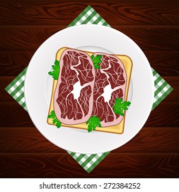 Fresh sandwich with prosciutto and parsley on white plate placed on wooden table. Vector image can be used for restaurant and cafe menu design, food posters, print cards and other crafts.