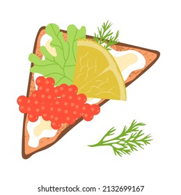 Fresh sandwich with red caviar, dill, lettuce and lemon. Delicious and appetizing food. Cooking and lunch. Flat vector illustration isolated on white background