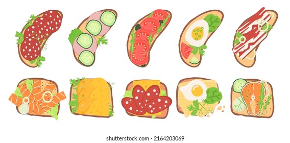 Fresh sandwiches. Green sandwich tomato and egg, top view healthy toast with bread, cheese, sausage and vegetables. Fresh snack food decent vector kit