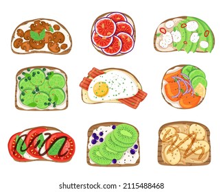 Fresh sandwiches. Tasty toasted bread, different ingredients, cartoon eggs, bacon and vegetables, breakfast snacks, healthy food, restaurant or cafe menu, delicious takeaway food vector set