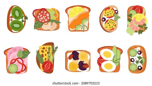 Fresh sandwiches top view. Toast bread, tasty lunch or breakfast. Healthy vegetables and fruits toasts, cheese avocado and sausage slices, decent vector set