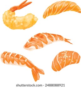 fresh sashimi salmon shrimp and ebi furai menu illustration