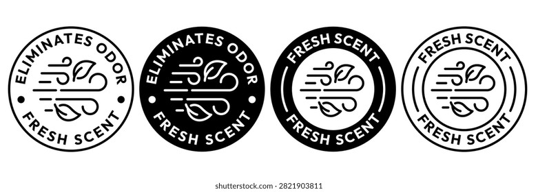 Fresh scent icon set, label, logo, badge, sign, symbol, banner, sticker, stamp, emblem, circle, line, black, flat vector, isolated illustration.