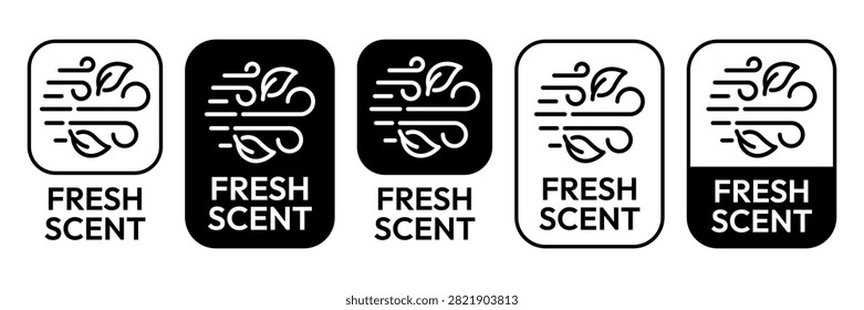 Fresh scent icon set, label, logo, badge, sign, symbol, banner, sticker, stamp, emblem, circle, line, black, flat vector, isolated illustration.