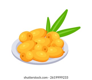 Fresh sea buckthorn berries lying on plate with green leaves
