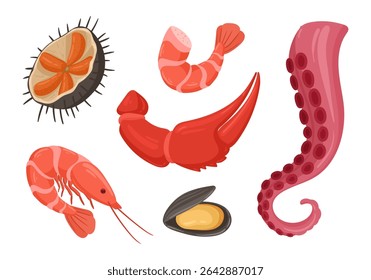 Fresh sea food. Cartoon oyster, shellfish and mussels, mediterranean diet flat vector illustration set. Tasty seafood menu