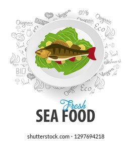 Fresh Sea food. Fish Dish. Banner with hand-draw doodle elements on the background. Vector illustration