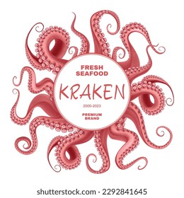 Fresh seafood ads abstract round frame consisting of red kraken tentacles realistic vector illustration