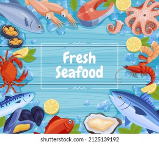 Fresh seafood background with place for text vector flat illustration. Appetizing marine food gourmet restaurant menu with salmon, mussels, octopus, shrimp, crab serving surrounded by ice and lemon