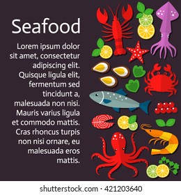 Fresh seafood  background.  Vector flat  illustrations of lobster, crab, salmon, fish, squid,  oyster, shrimp, octopus, eel. 