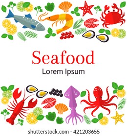 Fresh seafood  background.  Vector flat  illustrations of lobster, crab, salmon, fish, squid,  oyster, shrimp, octopus, eel  isolated.