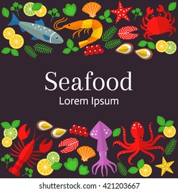 Fresh seafood  background.  Vector flat  illustrations of lobster, crab, salmon, fish, squid,  oyster, shrimp, octopus, eel  isolated.