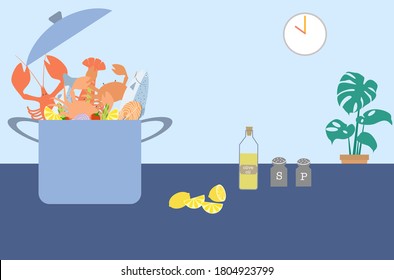 Fresh seafood boiled in pot vector