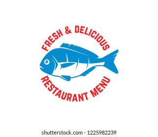 Fresh seafood. Emblem template with fish illustration. Design element for logo, label, emblem, sign, poster. Vector image
