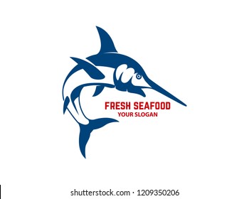 Fresh seafood. Emblem template with swordfish. Design element for logo, label, emblem, sign, poster. Vector illustration
