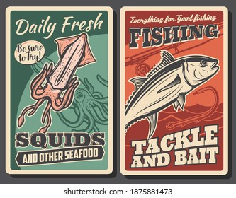 Fresh seafood and fisher tackle store banner. Sea squid or cuttlefish catch, tuna fish and angling rod with hook vector. Fishing equipment and baits shop retro advertising posters