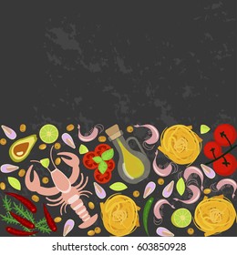 Fresh seafood flat design with copy space on dark background. Top view vector illustration eps 10