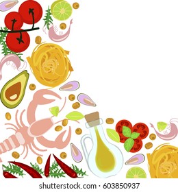 Fresh seafood flat design with copy space on white background. Top view vector illustration eps 10