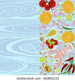 Fresh seafood flat design with copy space on wooden blue background. Top view vector illustration eps 10