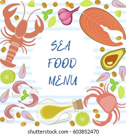 Fresh seafood flat design with copy space on blue background. Top view vector illustration eps 10